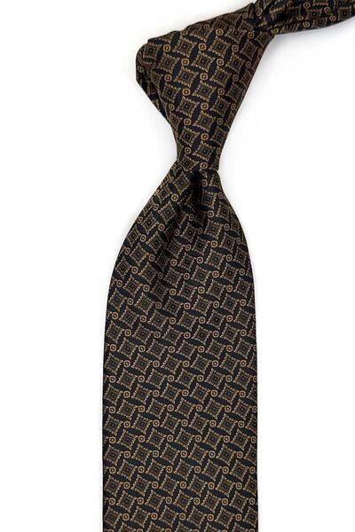 Kravatkolik Black - Yellow Motif Pattern Classic Tie with Handkerchief Kk13469