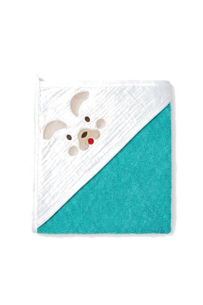 PRICHINDEL Hooded Towel, Little Puppy, Muslin and Cotton, Turquoise, 80x100 cm
