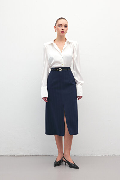 Sateen Anna Slit Skirt - Navy Blue