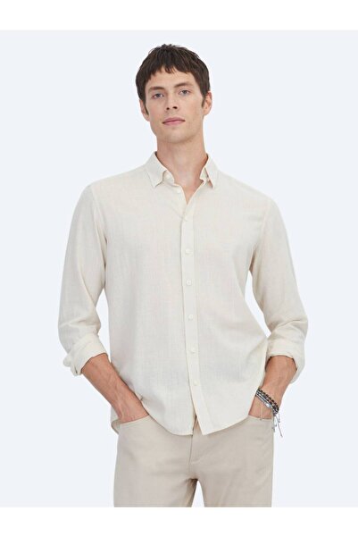 Kip Cămașă bej, cu croială normală, țesută, casual, 100% bumbac