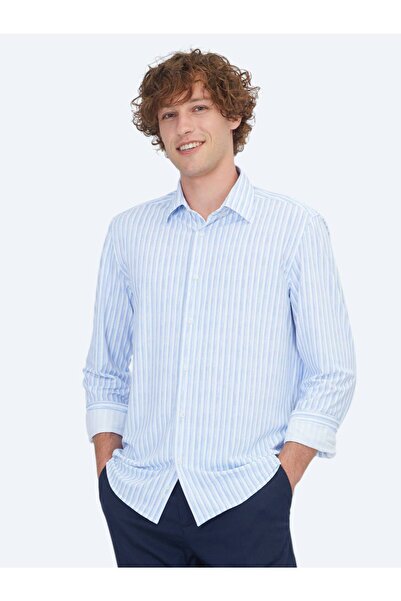 Kip Light Blue Striped Regular Fit Casual Shirt