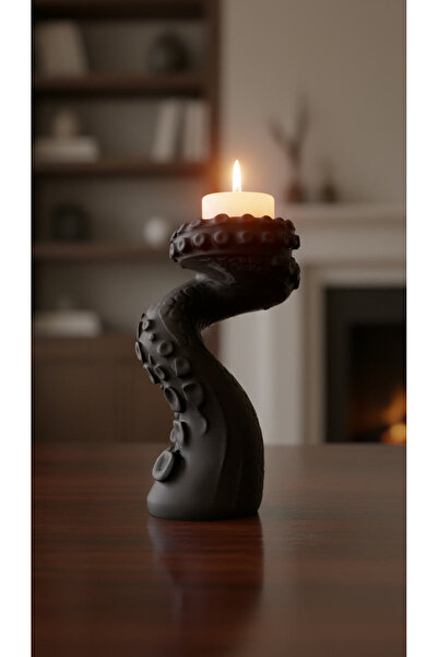 DOSSUESTUDİO Ahtapot Dokulu Dekoratif Mumluk – 3D Baskı Siyah Tealight Mumluk