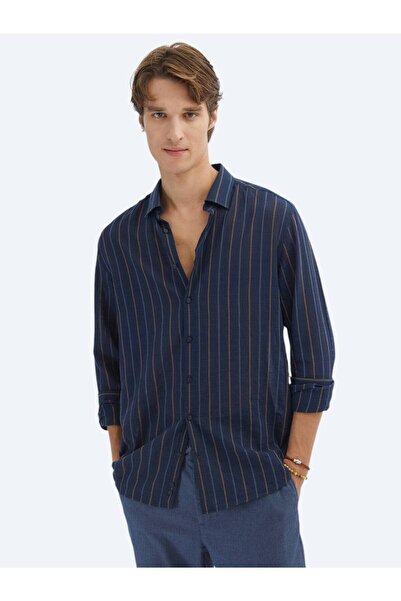 Kip Mornarsko plava prugasta Regular Fit Tipski Casual pamučna mešavina košulja