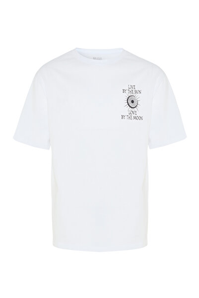 Mudo Erkek Beyaz Baskılı Oversize Bisiklet Yaka T-Shirt