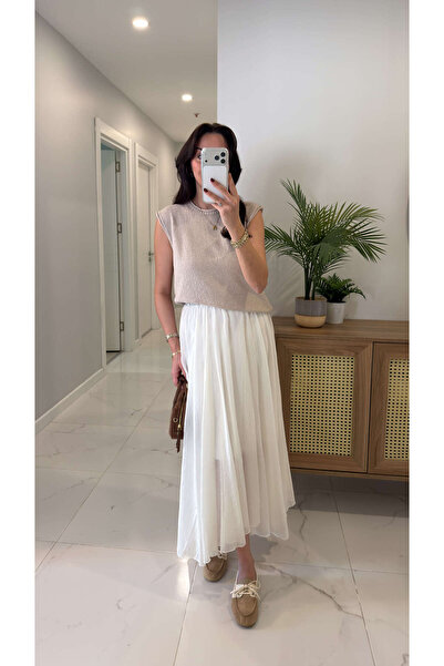 BİRCANÇİL Vode Cream Asymmetrical Cut Lined Skirt