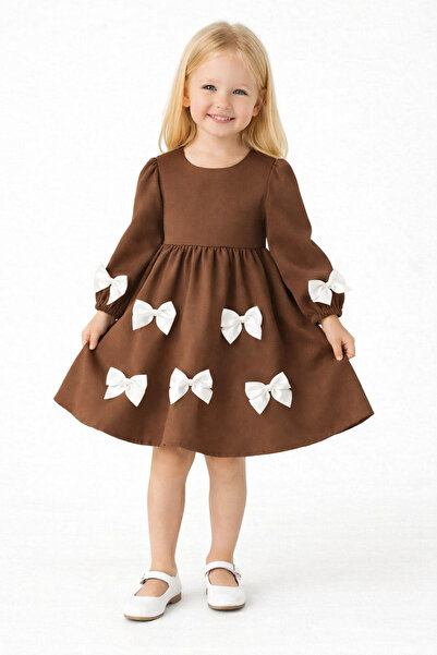 zepkids Φόρεμα για κορίτσια σε καφέ χρώμα με λαιμόκοψη και φιόγκο από πέρλες