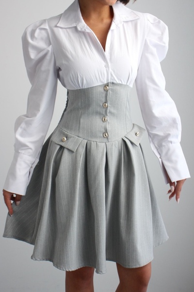 Ded COLLECTION Women's White Shirt Top Striped Elegant Vintage Style Dress wi...