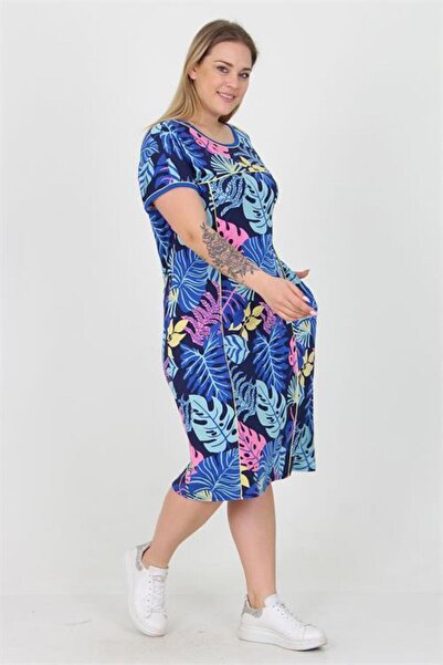 Dipmoda Women's Blue Floral Print Plus Size Viscose Dress Dpaysl24