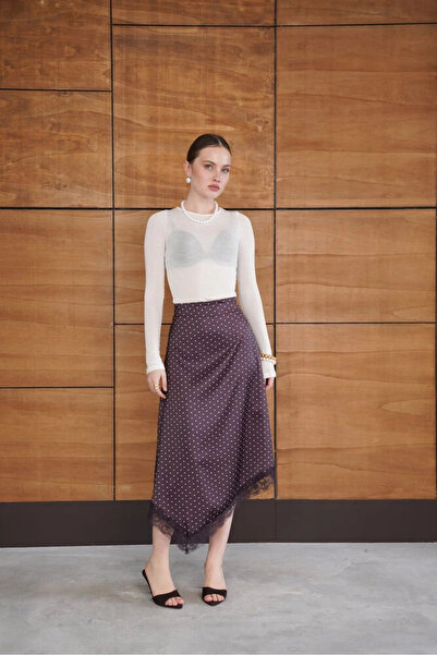 cemo Kadın Puantiyeli Asimetrik Kesim Dantel Detaylı Midi Etek