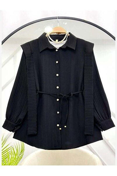 modasindoma Γυναικείο πουκάμισο με λεπτομέρεια σε στυλ ζώνης, μαύρο
