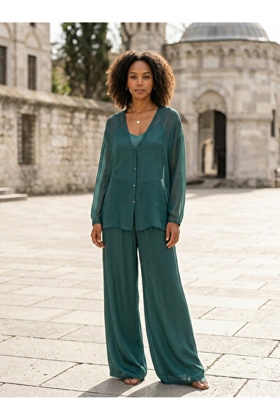 Rabiossa Women's Blouse Pants Silk Set