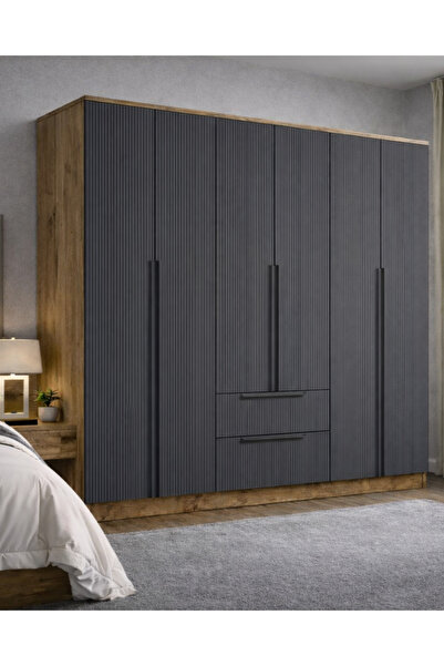 MOBİLİQUE Nova No.5 Altı Kapaklı İki Çekmeceli 5Raflı Gardırop Çam-Antrasit