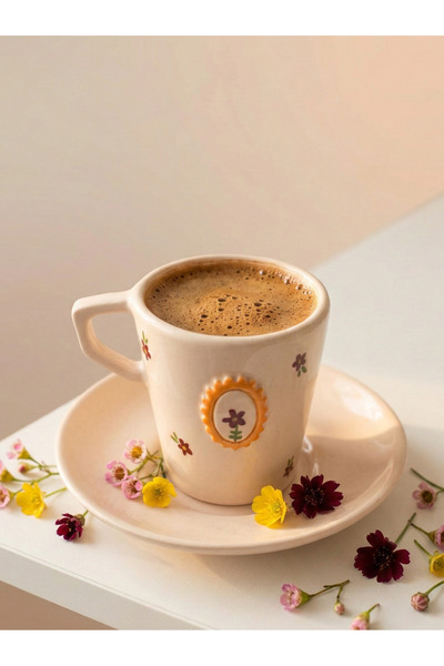 woness studio El yapımı Çerçeve ve Çiçek detaylı türk kahvesi fincanı & tabaklı