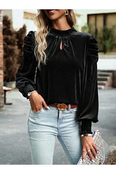 NERSUA KADIN UZUN KOLLU BALIKÇI YAKA DAMLA DETAYLI KADİFE BLUZ