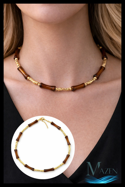 MAZEN Bamboo Bone Bead Necklace 40+5 cm |   Gold Detailed Bead Design Women's...