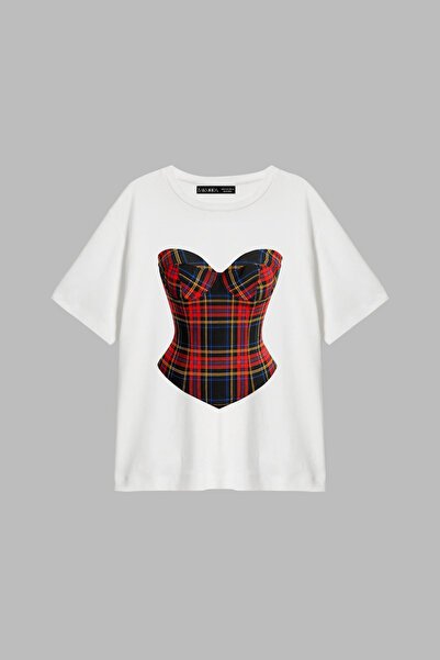 Bak Moda Γυναικείο μπλουζάκι με καρό σχέδιο και άνετη εφαρμογή σε λευκό χρώμα