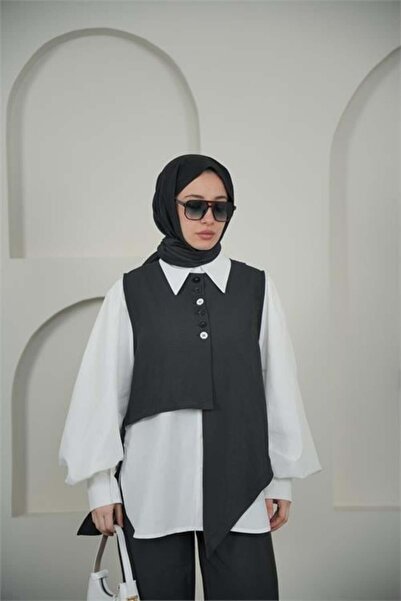 Dipmoda Women's Anthracite Asymmetric Looking Triple Hijab Set Dpvq3126