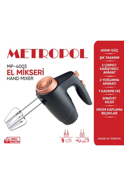 METROPOL MP-4003 El Mikseri – 400W Güç, 7 Kademe Hız, Krom Çırpıcı ve Yoğurma...