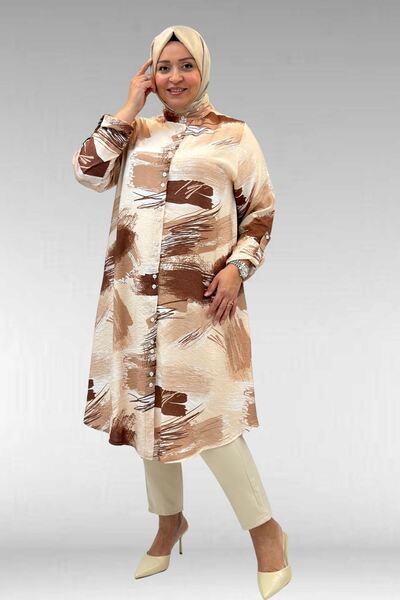 Eslina 68014 Büyük Beden Hakimyaka Çift Düğmeli Mango Tunik - Desenli Çikolat...