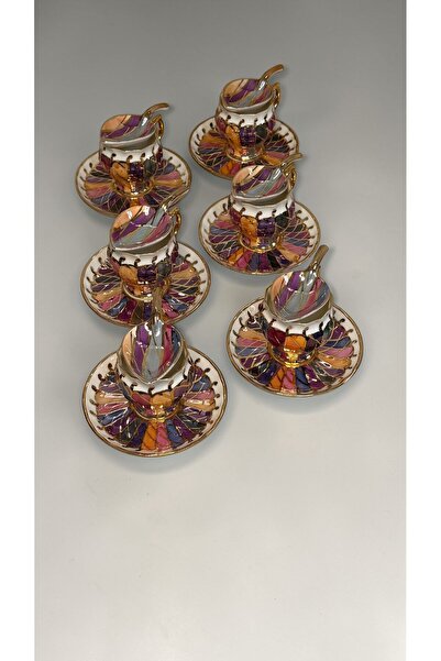 BY.RAYKA PORSELEN El Dekor MUYA EL BOYAMA 6 LI KAHVE FİNCAN VE LOKUMLUK TAKIMI