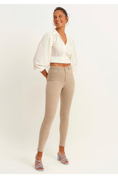 LA TUBA New Season High Waist Lycra Tight Fit Skinny Fit Beige Women's Jeans