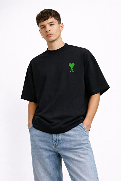 CAMBLYS UNİSEX KADIN ERKEK KALP DESENLİ AMİ ÖN BASKILI OVERSİZE KALIN KUMAŞ B...