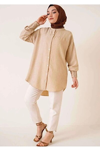 modasindoma Women's Ribbed Sleeve Shirt Beige