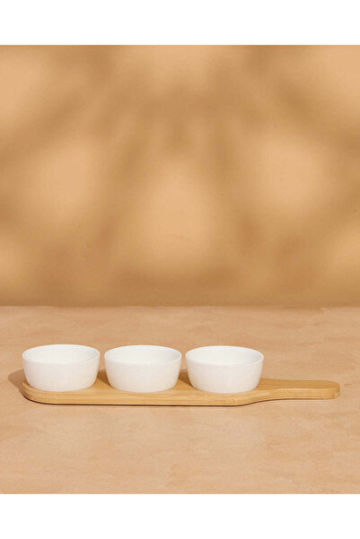 REDTAG White Plain Round Bowl With Bamboo Tray (4 Piece)