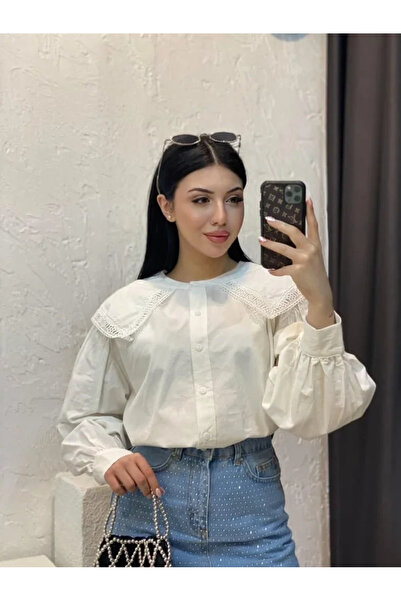 bysoca Γυναικεία Λευκή Vintage Φαρδιά Μπλούζα με Δαντέλα Γιακά και Μακριά Μαν...