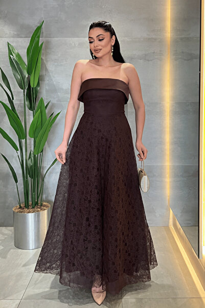 giyimmasalı Lace Fabric Strapless Dress - Brown