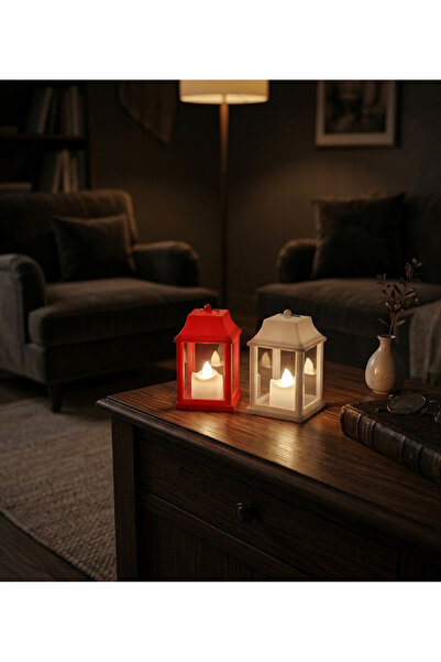 Artepieza co. Kırmızı Beyaz Pilli Led Işıklı Dekoratif Fener Mumluk İkili Set...