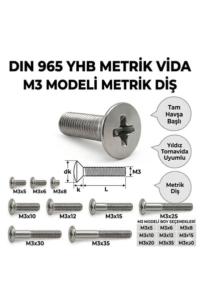Cıvata Deposu DIN 965 M3X45 YHB. Metrik Vida 100 Adet
