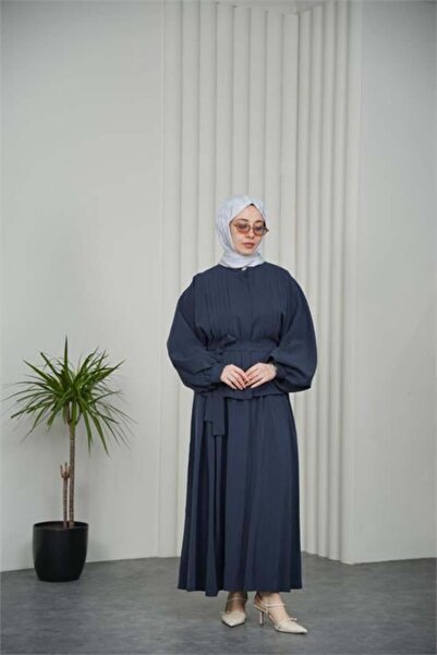 Dipmoda Women's Navy Blue Pleated Belt Detailed Double Hijab Set Dpvq3137
