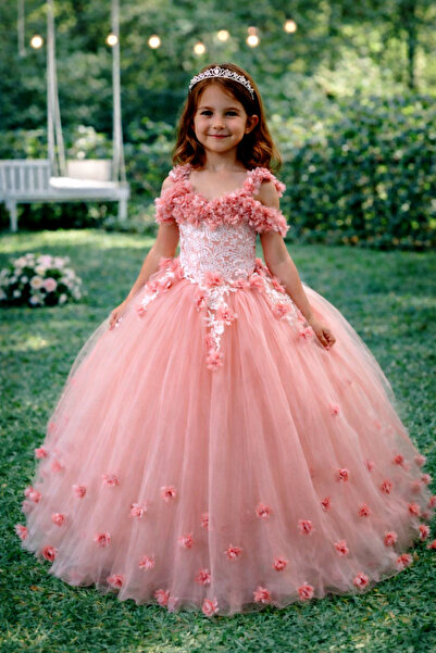FERA Prenses kabarık renkli tüllü Çiçekli çocuk elbise abiye