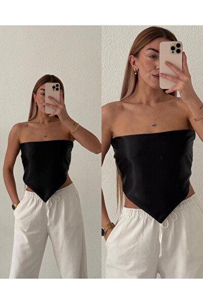 pelish Straplez Sırt Dekolteli Saten Crop