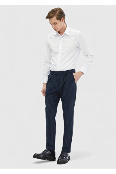 Ramsey Navy Blue Striped Woven Carrot Fit Classic Trousers