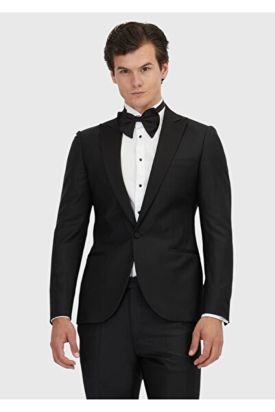 Ramsey Siyah Düz Slim Fit Kruvaze Yaka Dokuma Smokin Takım Elbise