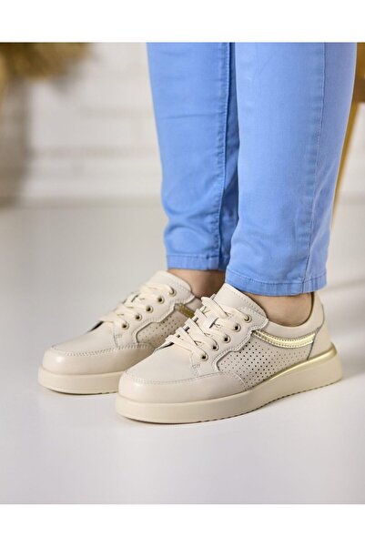 Tellus Women's Beige Genuine Leather Casual Sneakers, Trendy & Comfort, FL967-3