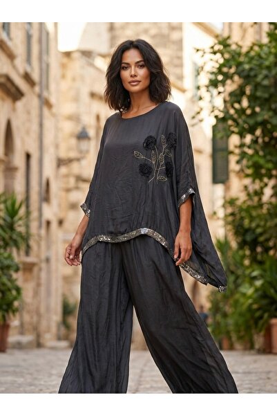 Rabiossa Women's Blouse Pants Silk Set