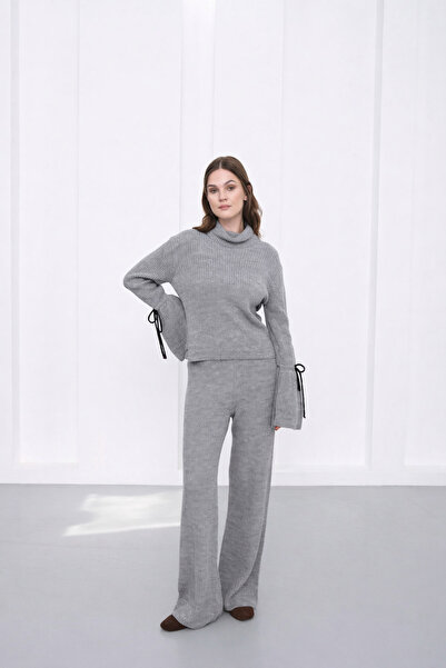 Sea Style Set de tricotaje gri pentru femei Pulover cu guler înalt Pantaloni ...