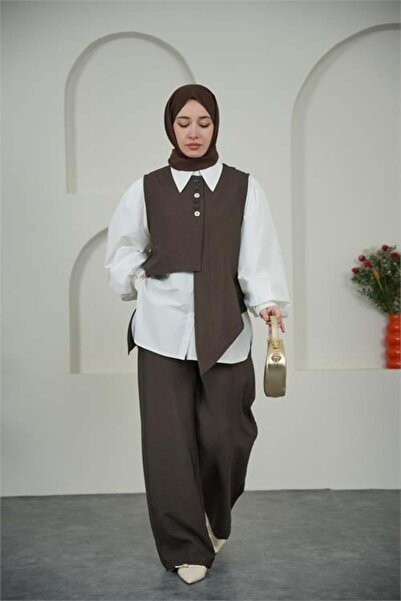 Dipmoda Women's Khaki Asymmetric Looking Three-Piece Hijab Set Dpvq3126
