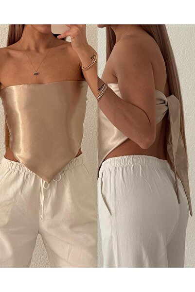 pelish Straplez Sırt Dekolteli Saten Crop