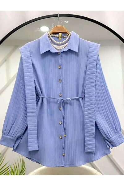 modasindoma Cămașă de damă cu detalii tip eșarfă, albastră