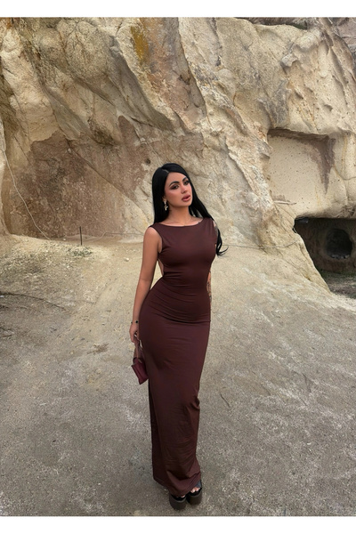 kırmızı butiks Καφέ μακρύ φόρεμα με ανοιχτή πλάτη
