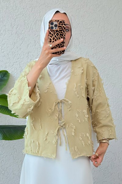 zenne Yama Yırtık Detaylı Kimono Yağ Yeşili