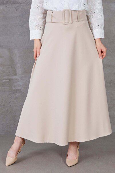 zenne Thick Belt Layered Flared Skirt Beige