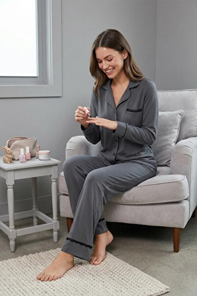 FİT WOMEN Čipka Detaljan set pidžama sa dugim rukavima 4458