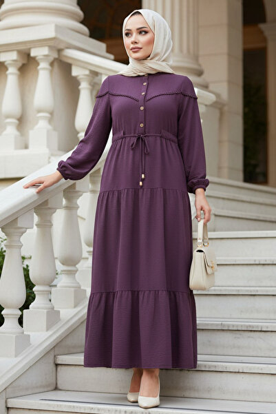 N.S NEVA STYLE Kat Piliseli Koyu Mürdüm Tesettür Elbise 10334KMU