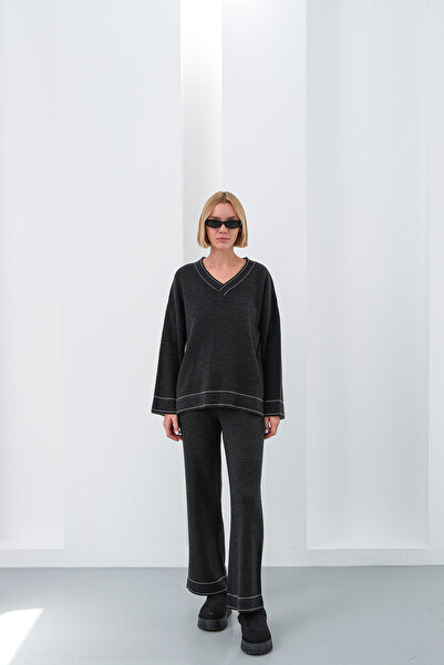 Sea Style Women's Black Knitwear Double Set V-Neck Sweater Wide Leg Pants Rel...