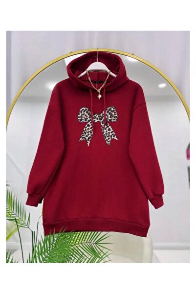modasindoma Women's Leopard Bow Printed Sweatshirt Claret Red